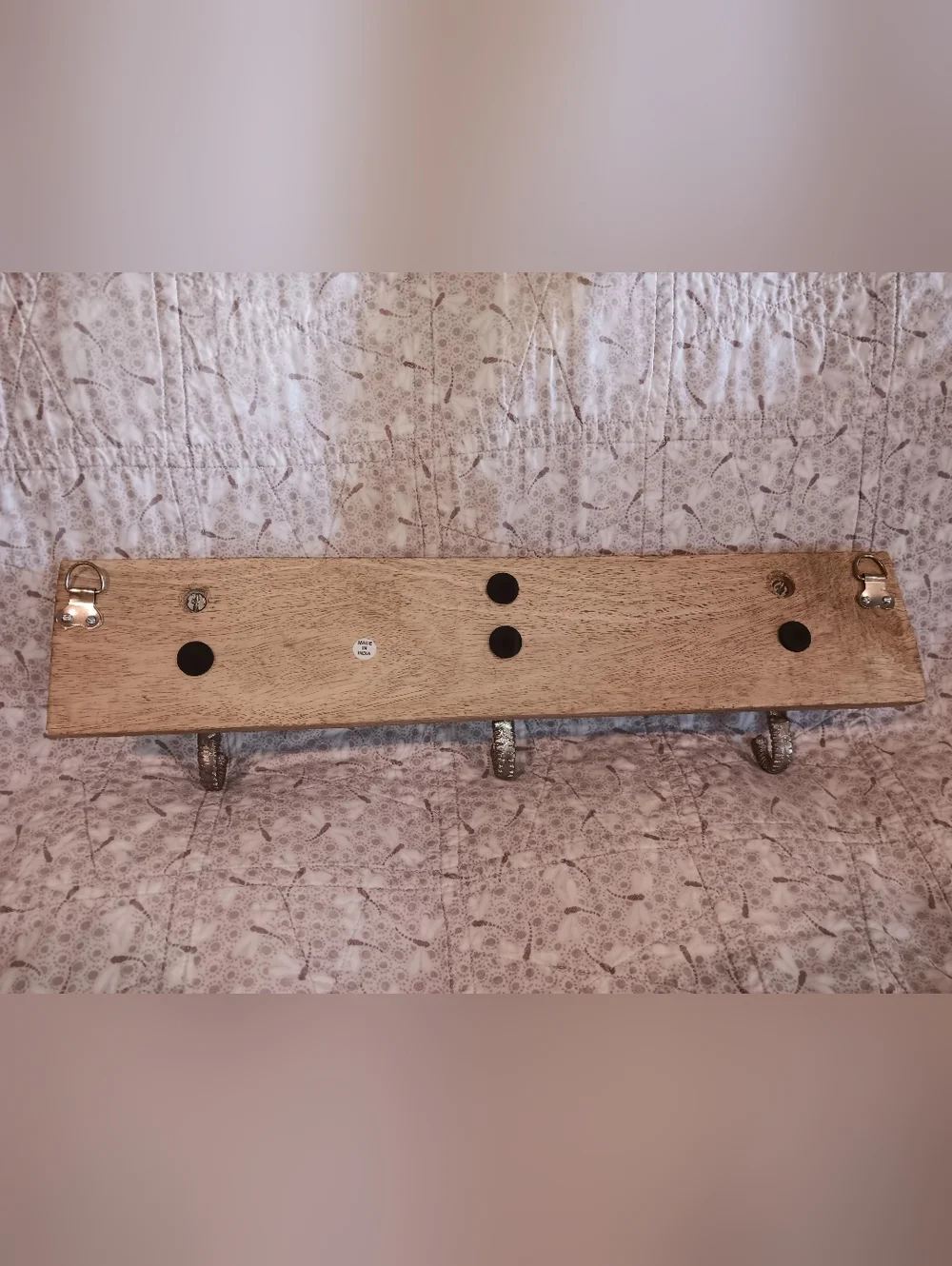 Triple Elephant Head Wall Hook - Silver on Natural Wood